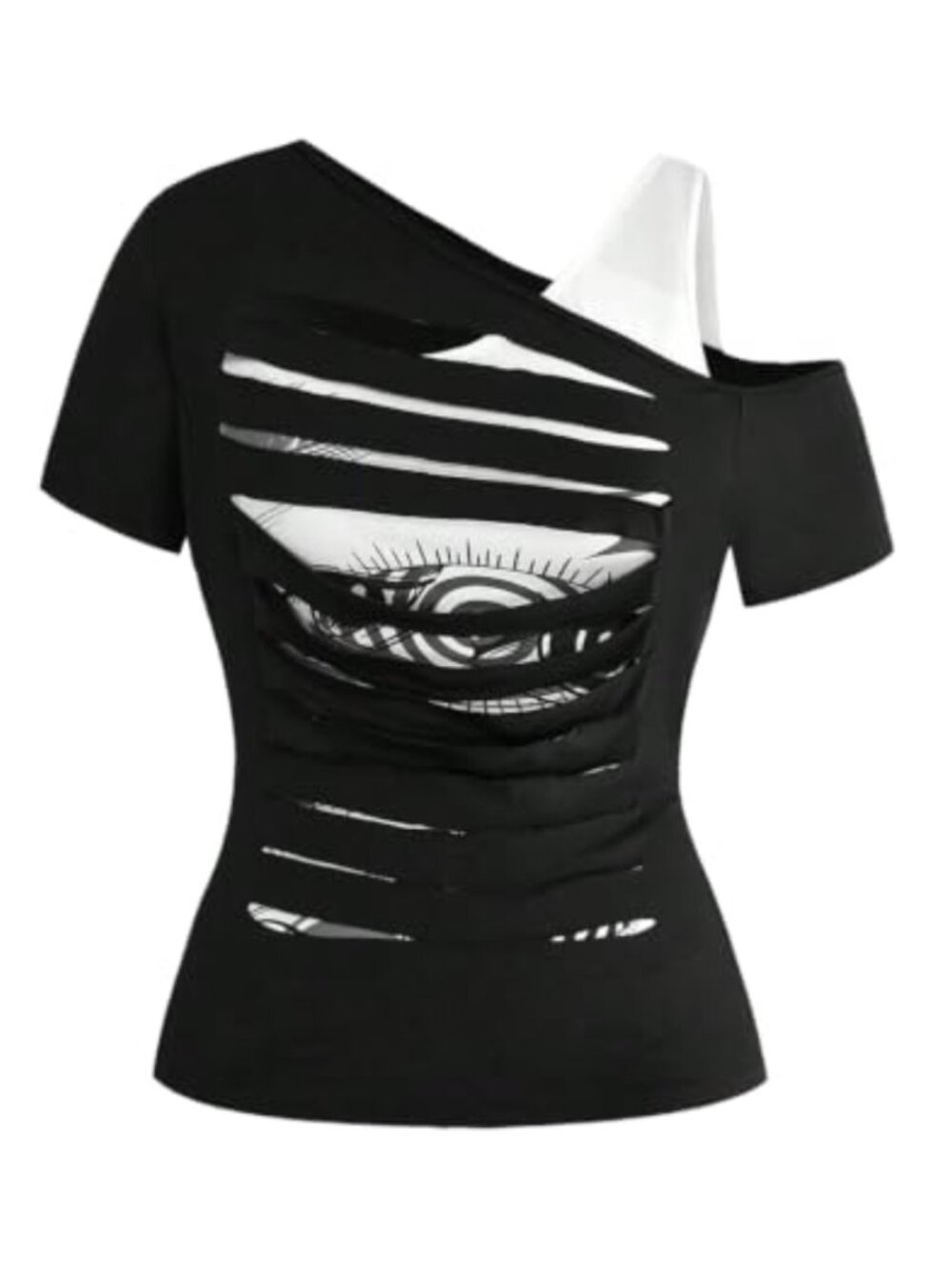 Plus Size Y2K Punk Graphic Tee Cold Shoulder 2-in-1 Ripped T-Shirt Slim Fit